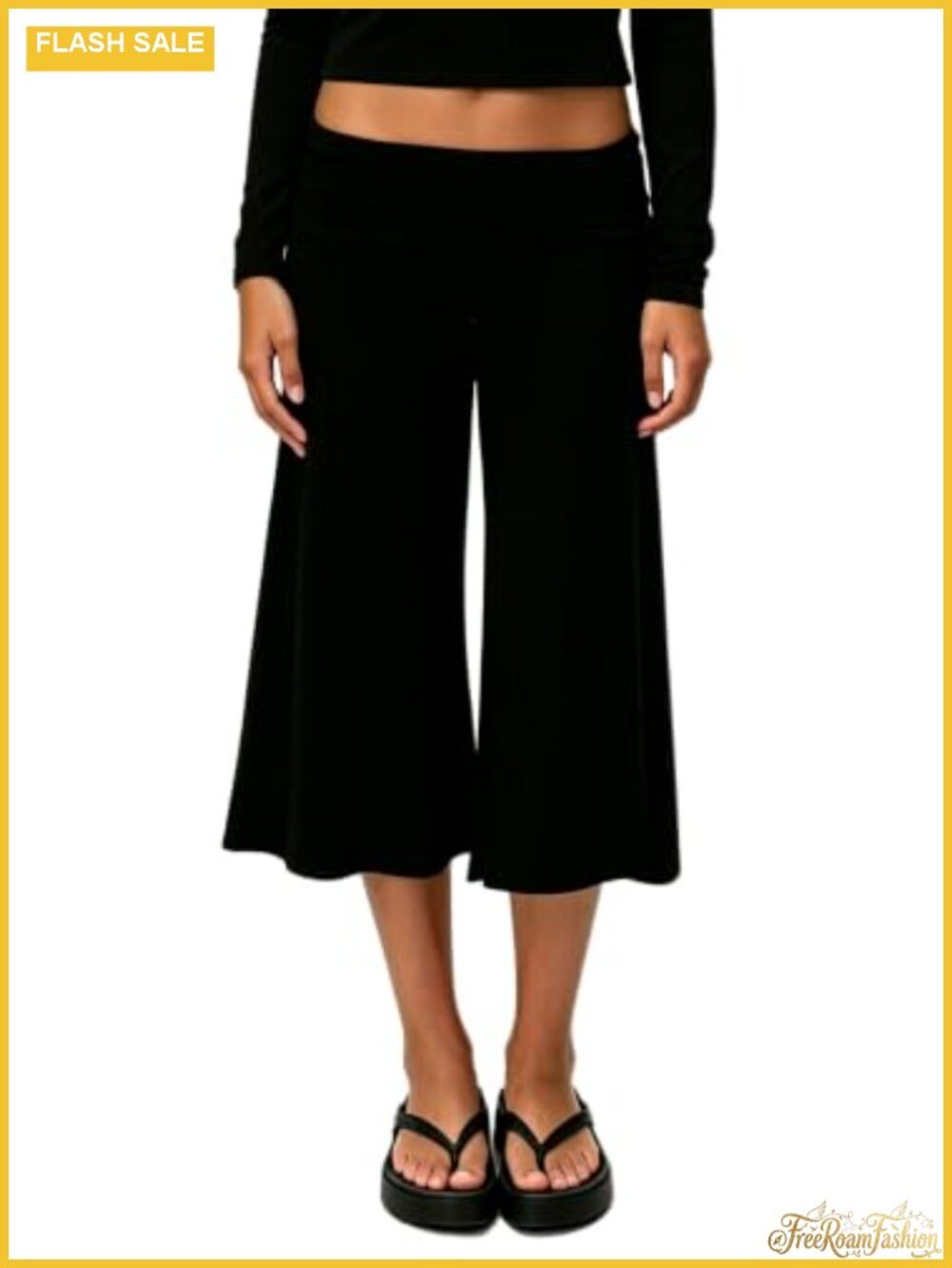 Women Fold Over Gaucho Pants Flowy Low Rise Wide Leg Capri Y2K Yoga Lounge